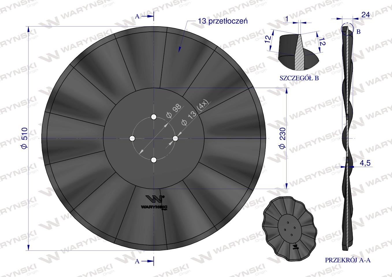 Talerz, prosty falowany 510 mocowanie 4/98 grubość 4,5 mm stal borowa, Waryński