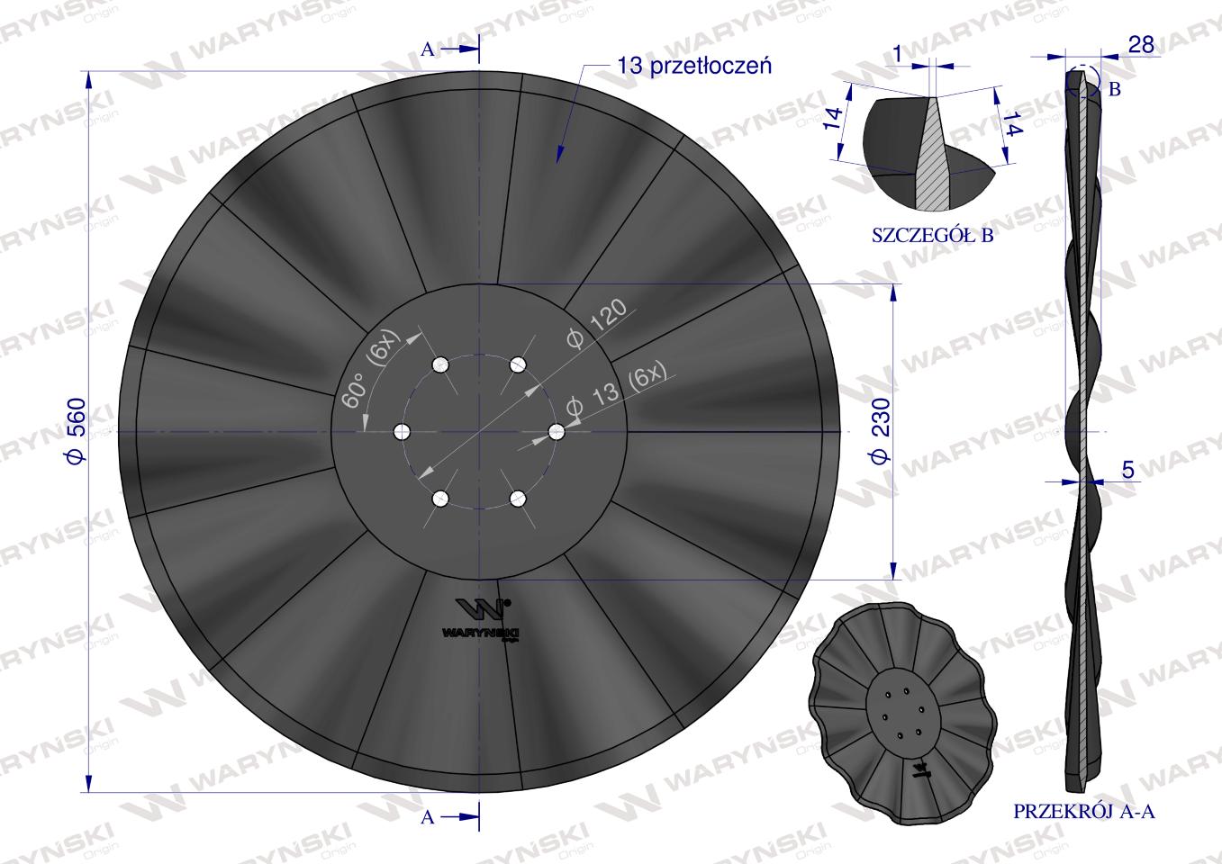 Talerz, prosty falowany 560 mocowanie 6/120 prosta piasta grubość 5 mm stal borowa, Waryński