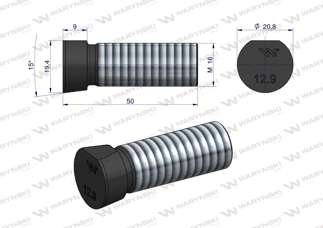 Śruba kpl. płużna oval z jednej strony ścięta M16x50 mm kl.12.9 zastosowanie Kverneland Waryński M16X50OV1 ( sprzedawane po 10 )