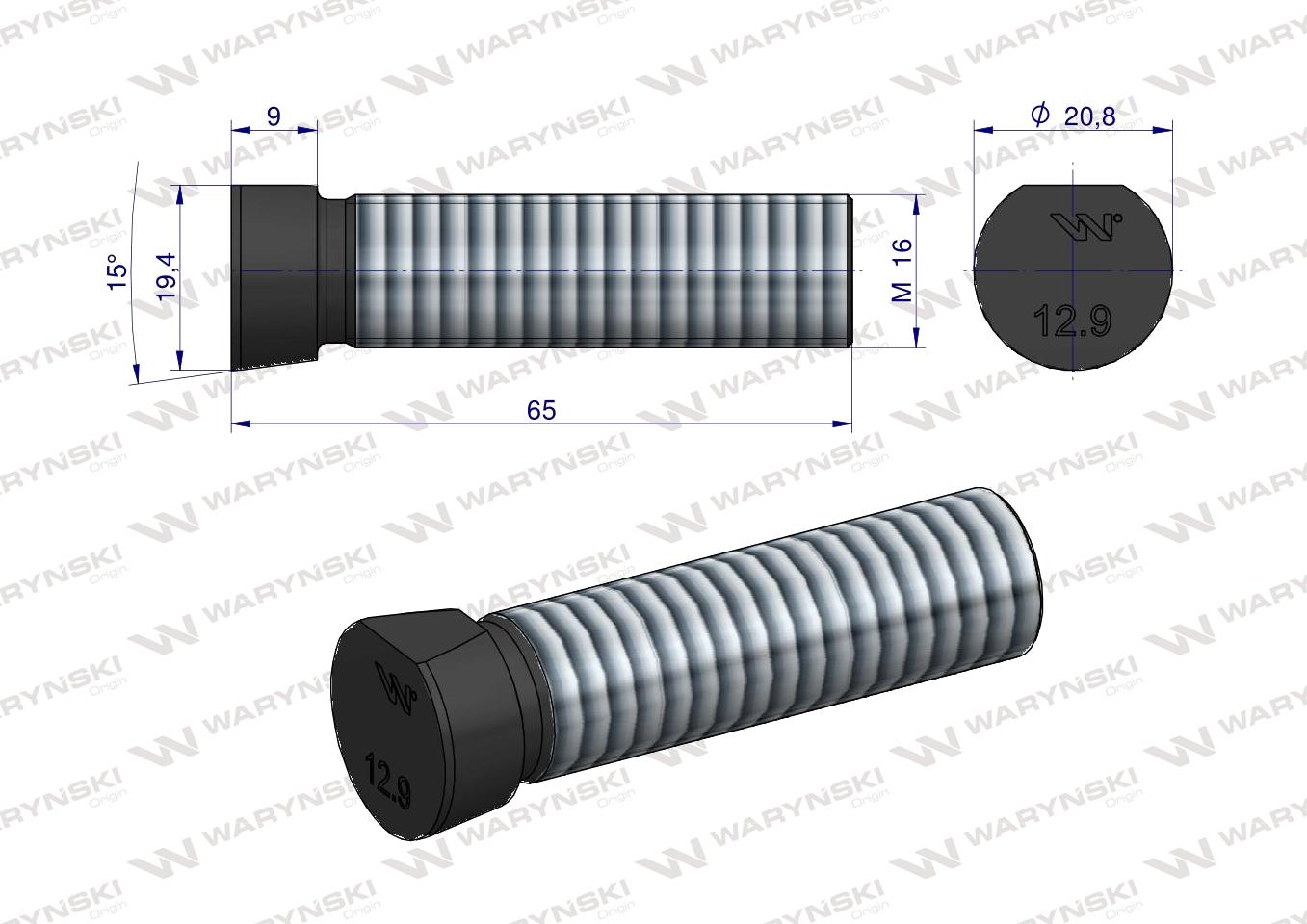 Śruba kpl. płużna oval z jednej strony ścięta M16x65 mm kl.12.9 zastosowanie Kverneland Waryński M16X65OV1 ( sprzedawane po 10 )