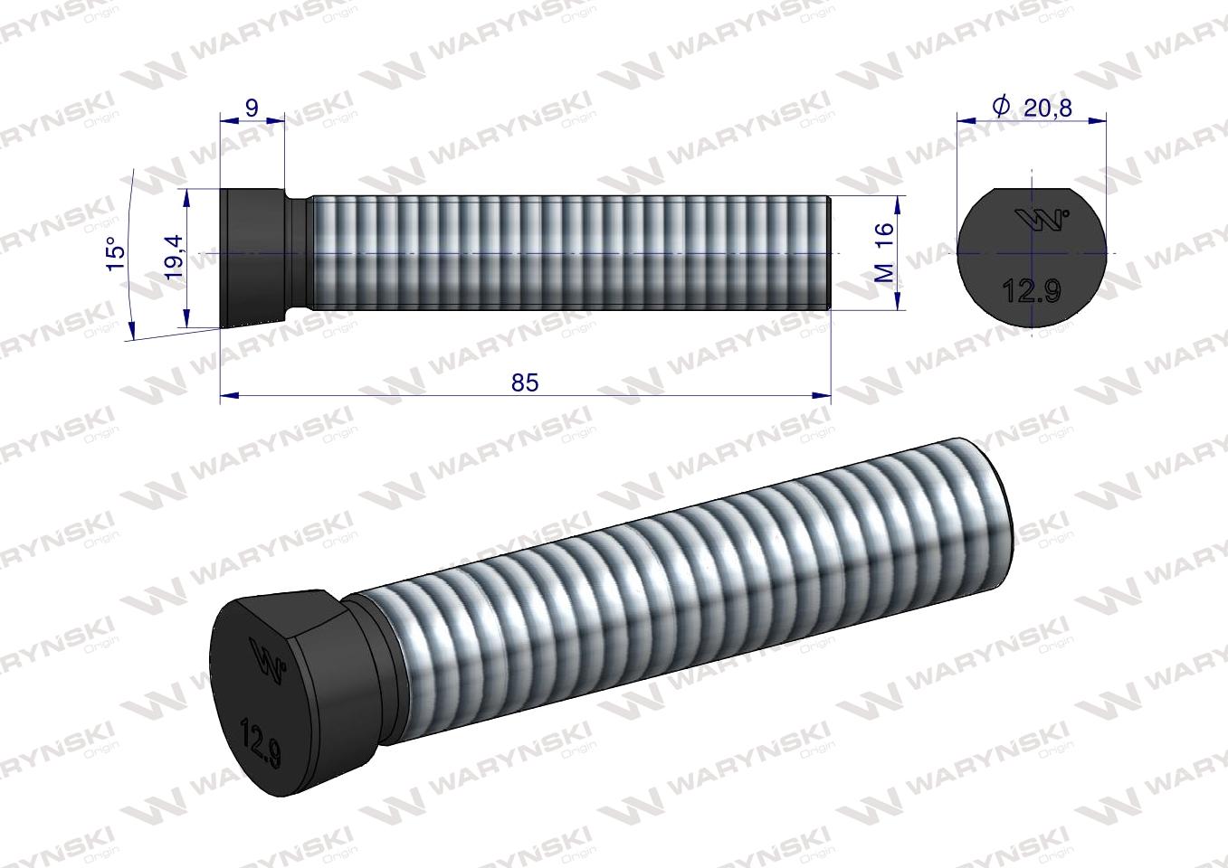 Śruba kpl. płużna oval z jednej strony ścięta M16x85 mm kl.12.9 zastosowanie Kverneland Waryński M16X85OV1 ( sprzedawane po 10 )