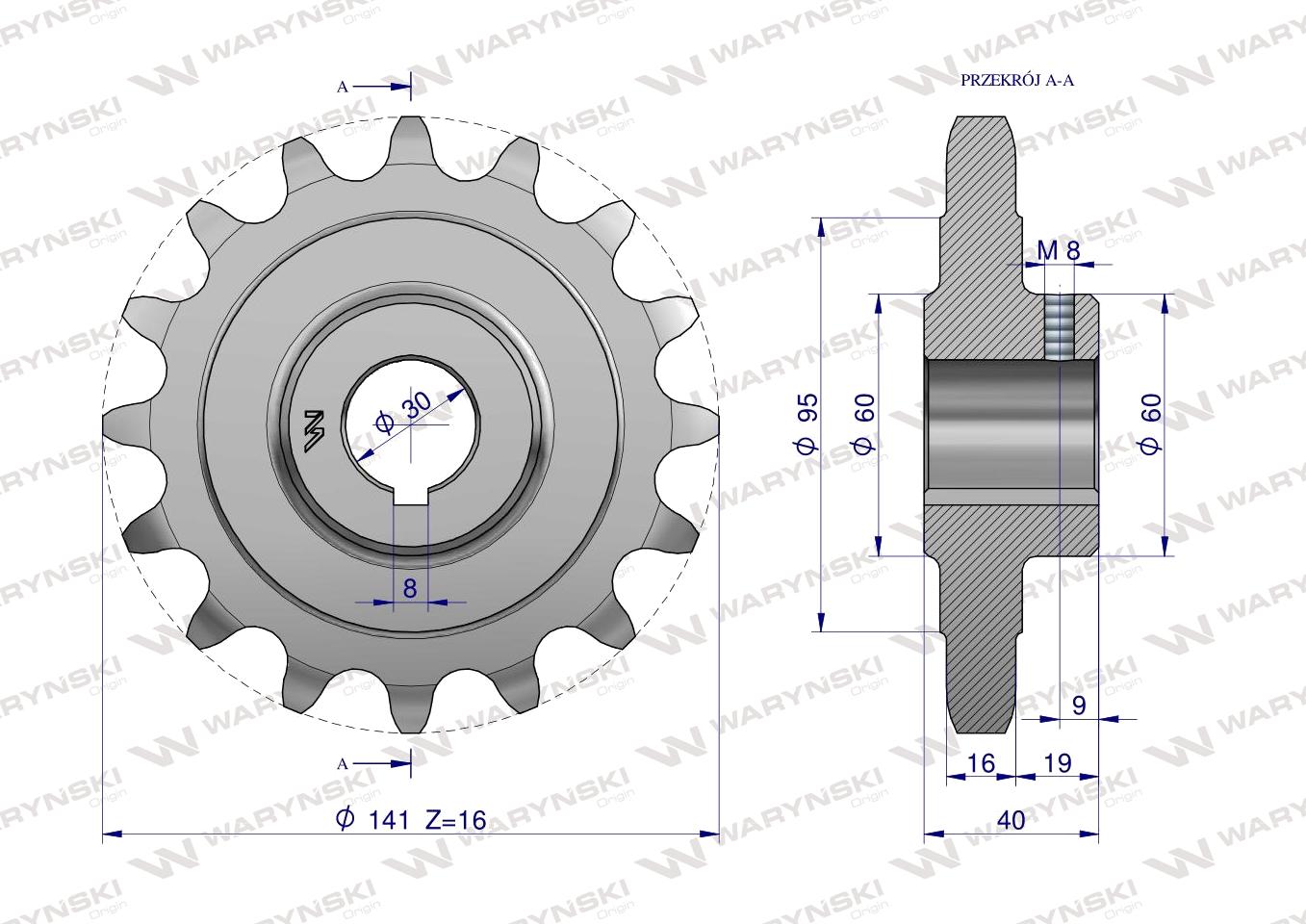 Koło łańcuchowe stalowe hartowane Z-16 1" fi-30 Rozrzutnik WARYŃSKI