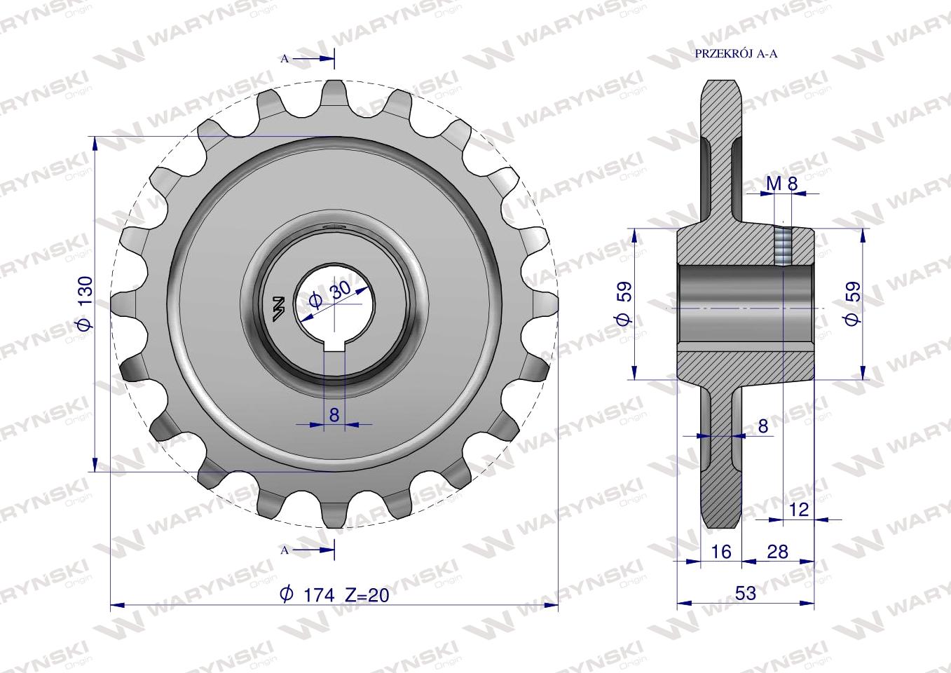 Koło łańcuchowe stalowe hartowane Z-20 1" fi-30 Rozrzutnik 2208050063 WARYŃSKI
