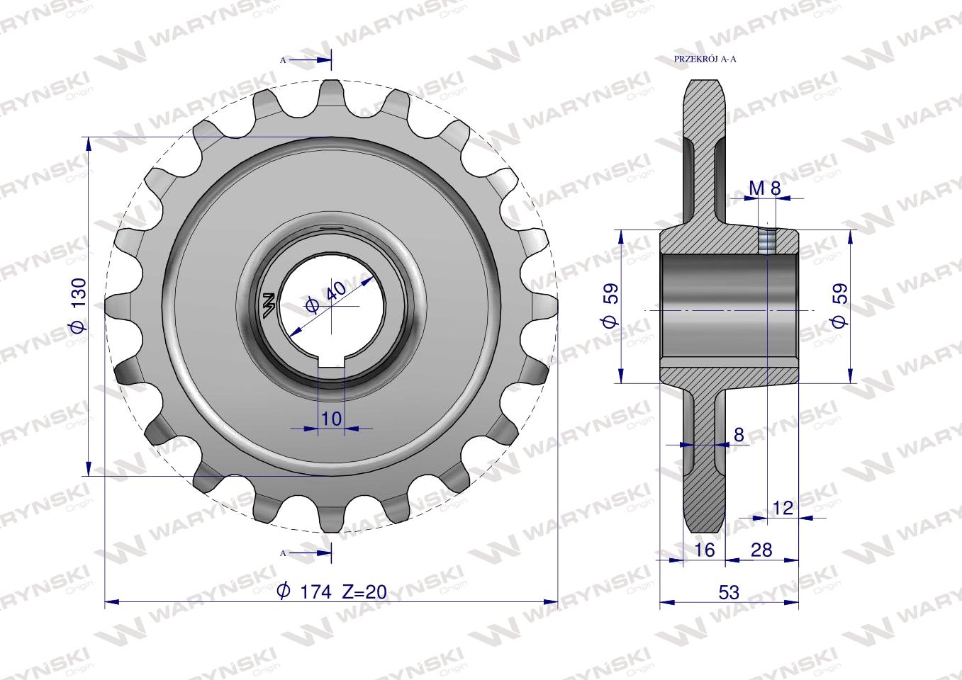 Koło łańcuchowe stalowe hartowane Z-20 1" fi-40 Rozrzutnik WARYŃSKI