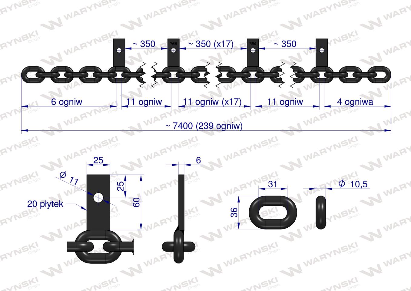 Łańcuch 20-l. 25x60x6 przykręcany 1 osiowy klasa 5 Rozrzutnik Waryński