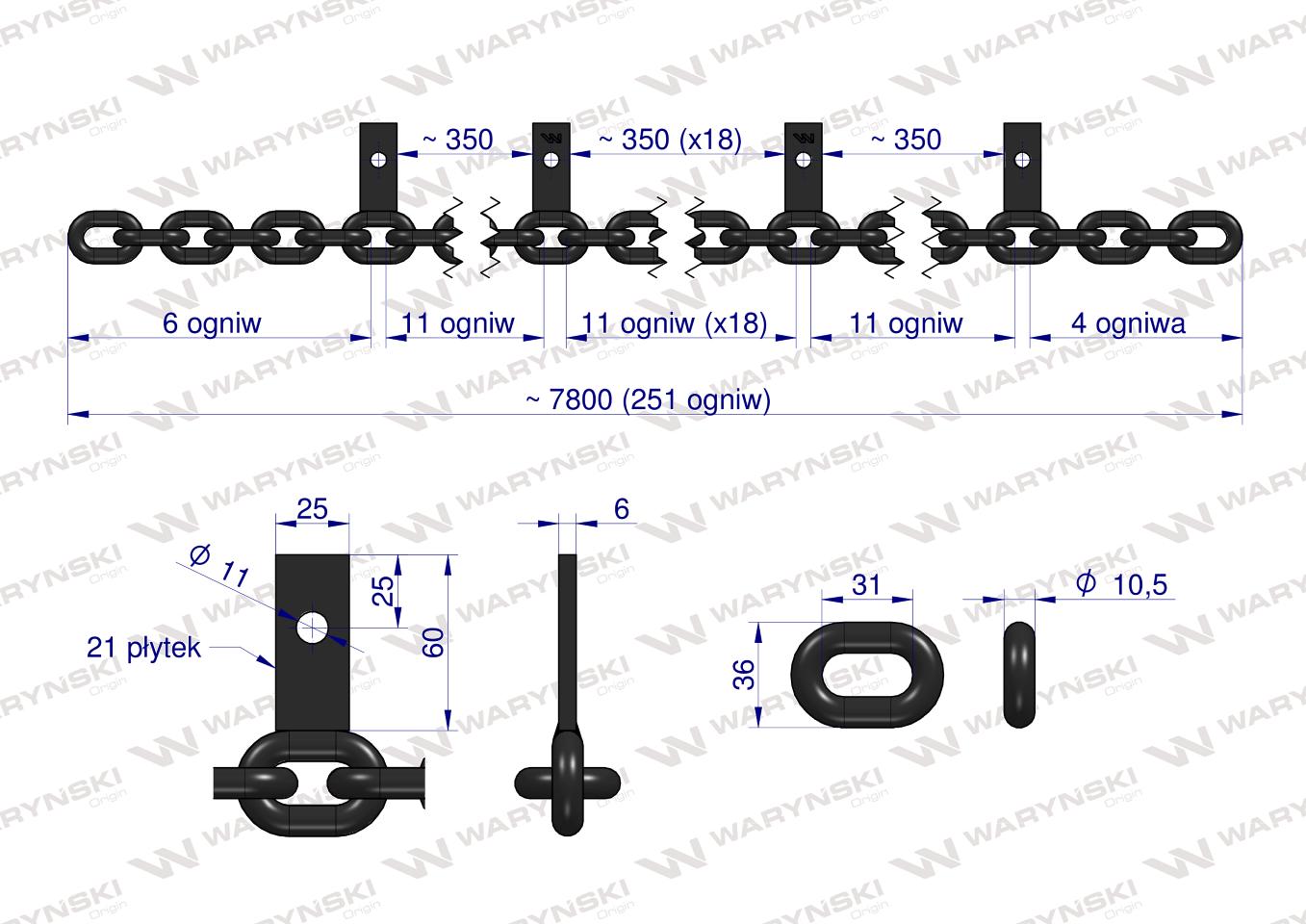 Łańcuch 21-l. 25x60x6 przykręcany 2 osiowy klasa 5 Rozrzutnik Tandem 2219070160 Waryński
