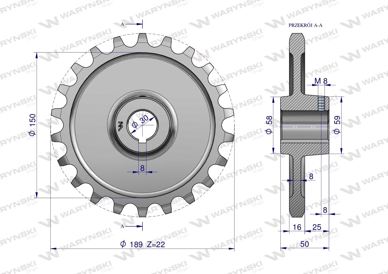 Koło łańcuchowe stalowe hartowane Z-22 1" fi-30 Rozrzutnik WARYŃSKI