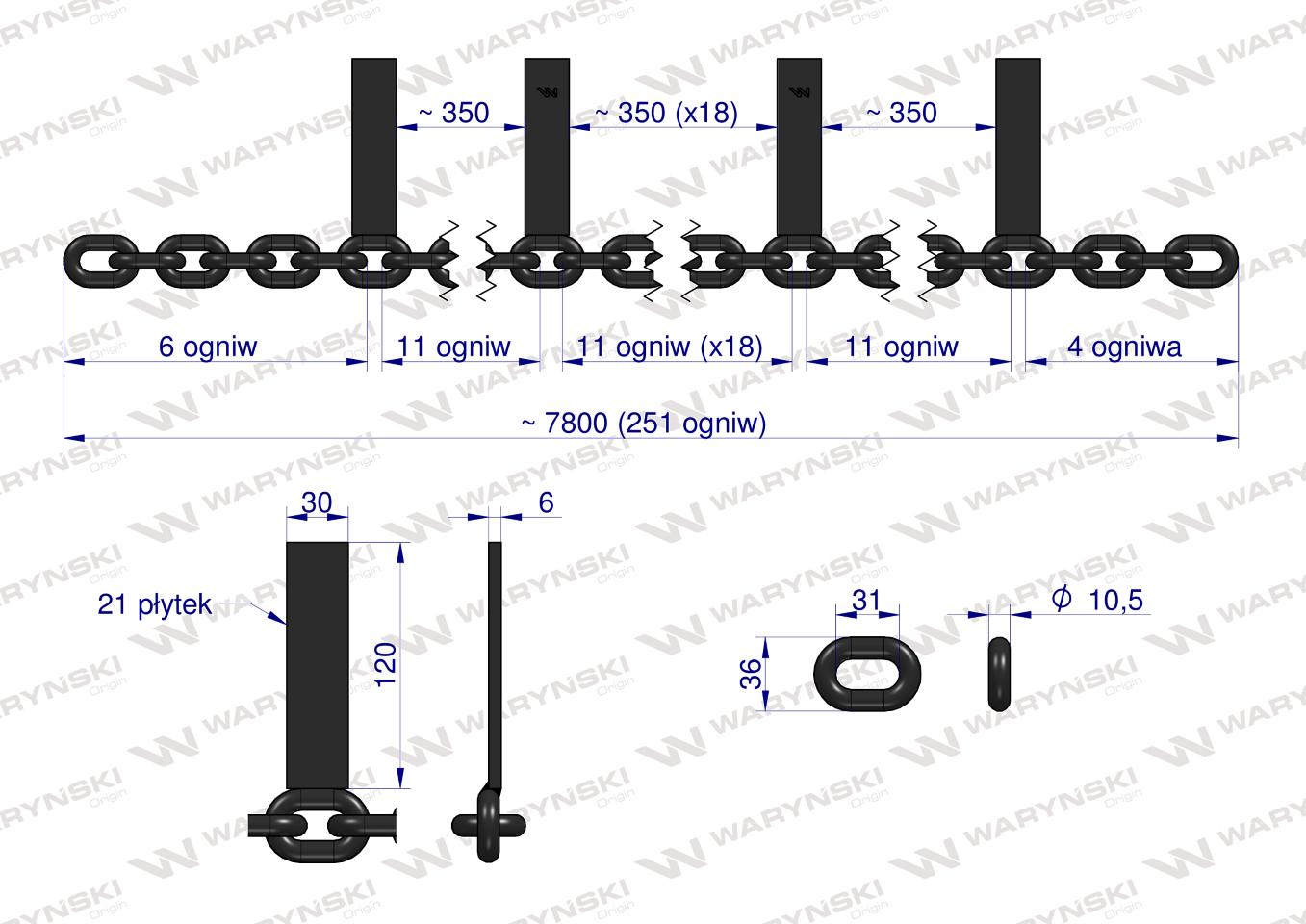 Łańcuch 21-l. 30x120x6 wsuwany 2 osiowy klasa 5 Rozrzutnik Waryński