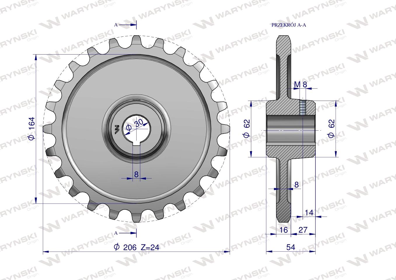 Koło łańcuchowe stalowe hartowane Z-24 1" fi-30 Rozrzutnik 2219250031 WARYŃSKI