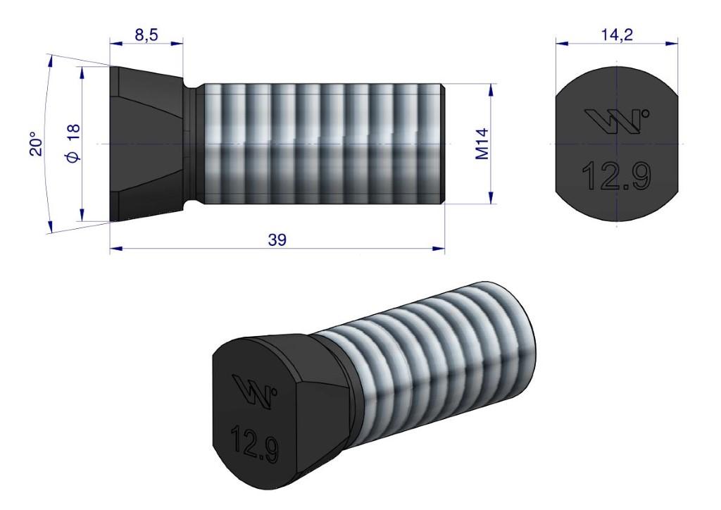 Śruba kpl. płużna oval z dwóch stron ścięta M14x39 mm kl.12.9 zastosowanie Vogel & Noot Waryński M14X39OV2VN ( sprzedawane po 25 )