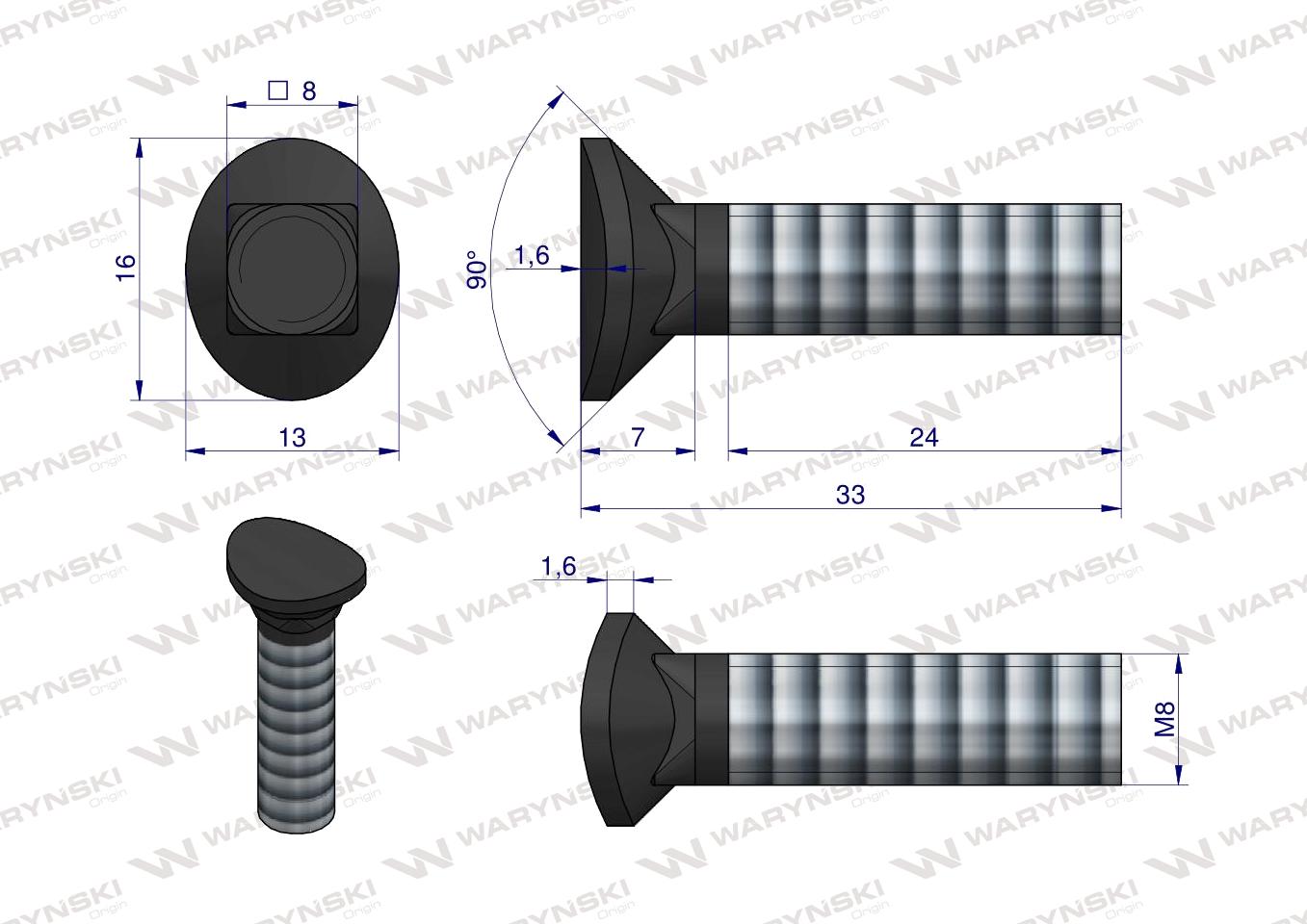Śruba kpl. redliczkowa półokrągła M8x33 mm kl. 8.8 Waryński ( sprzedawane po 25 )