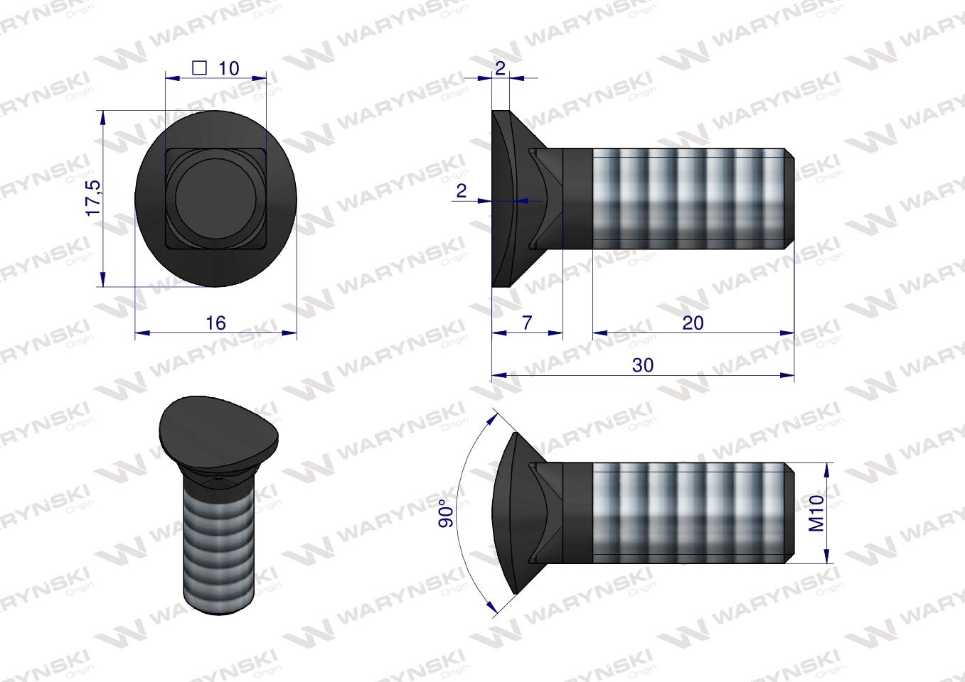 Śruba kpl. redliczkowa półokrągła M10x30 mm kl. 8.8 Waryński ( sprzedawane po 25 )