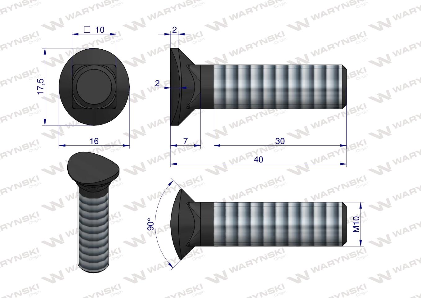 Śruba kpl. redliczkowa półokrągła M10x40 mm kl. 8.8 Waryński ( sprzedawane po 25 )