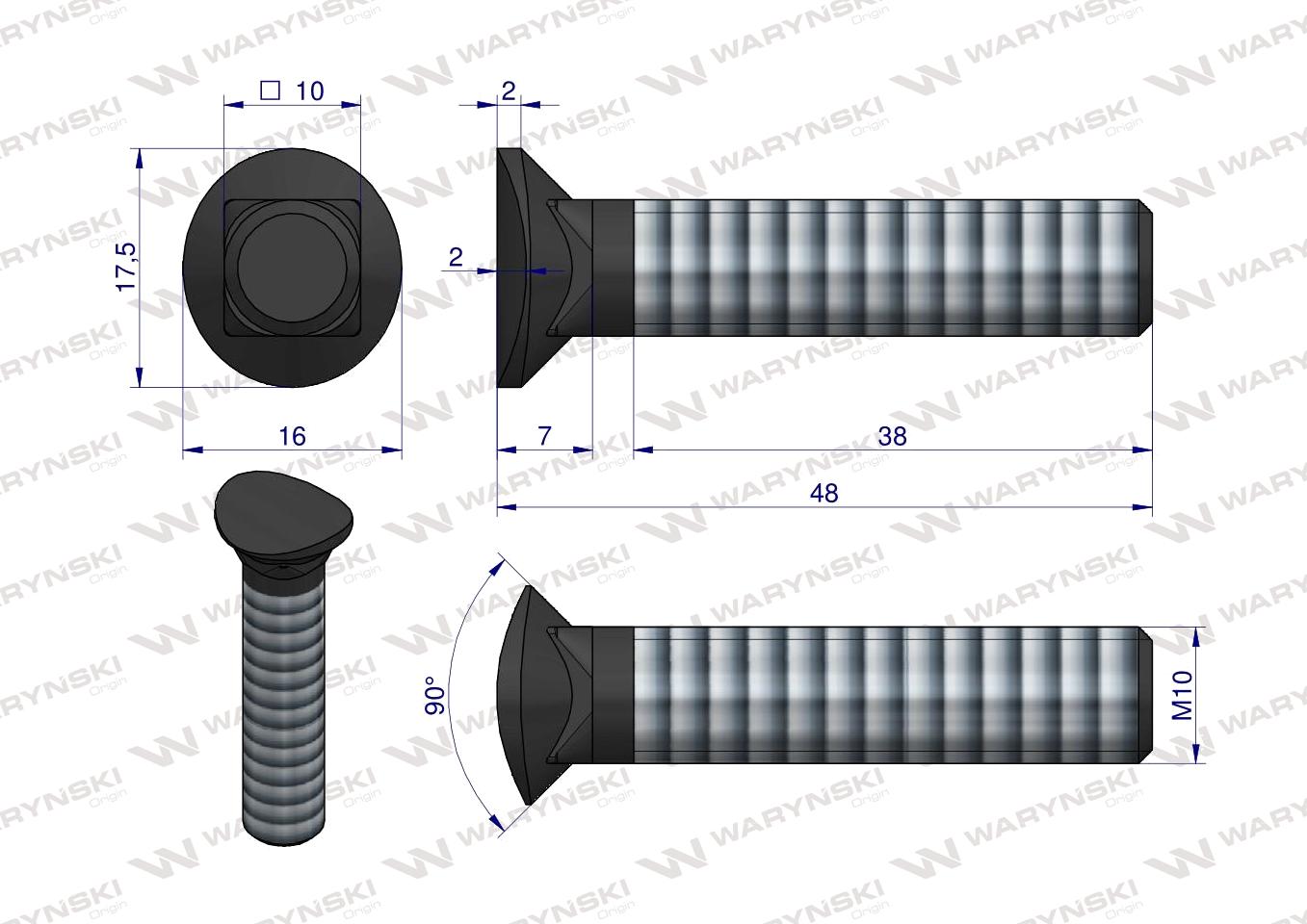 Śruba kpl. redliczkowa półokrągła M10x48 mm kl. 8.8 Waryński ( sprzedawane po 25 )