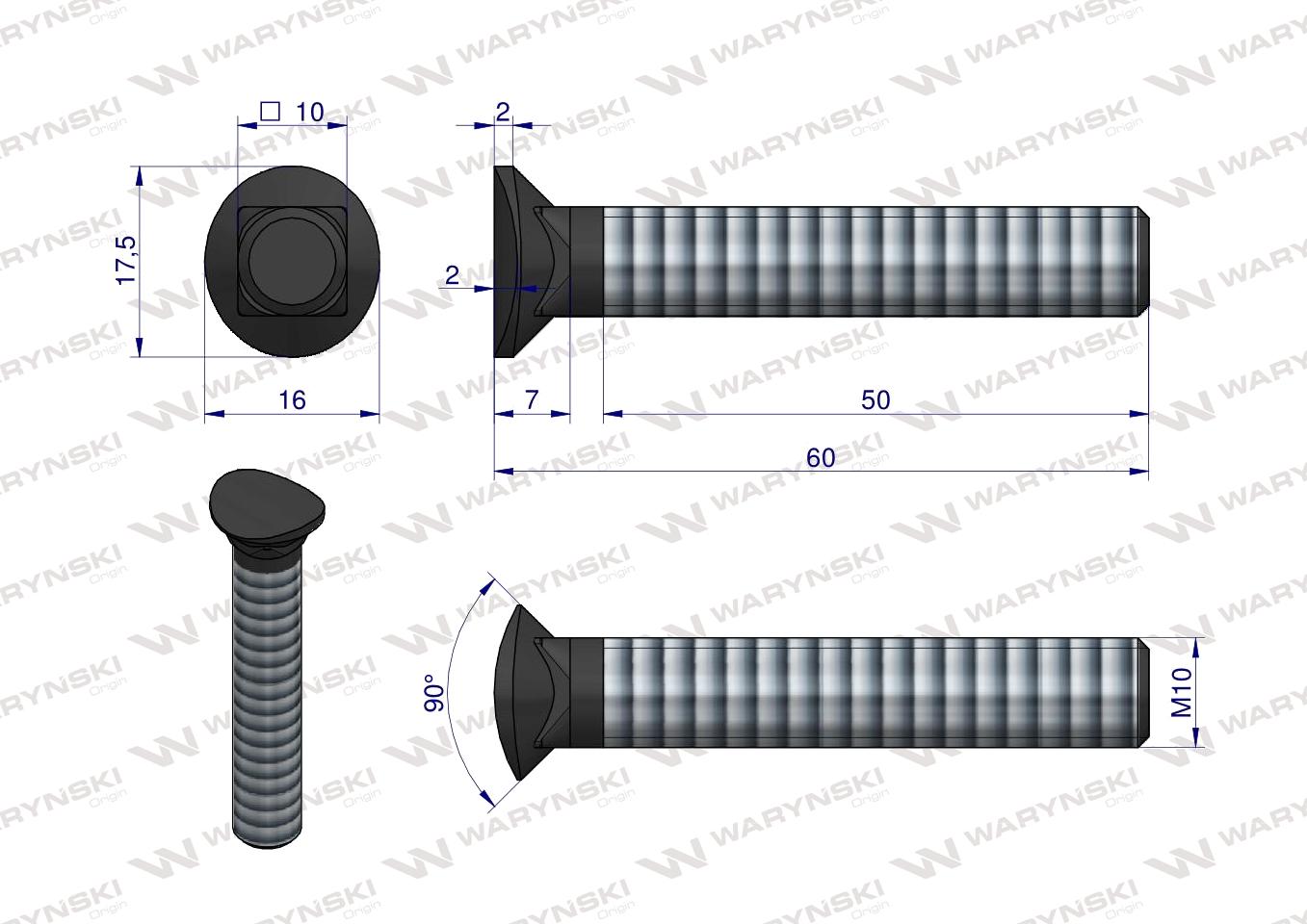 Śruba kpl. redliczkowa półokrągła M10x60 mm kl. 8.8 Waryński ( sprzedawane po 25 )