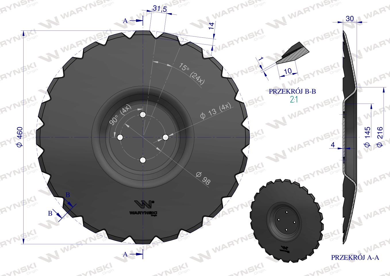 Talerz, uzębiony Z-24 fi 460 mocowanie 4/98 grubość 3,5 mm przetłoczony stal borowa, Unia Ares 1680130040, Waryński