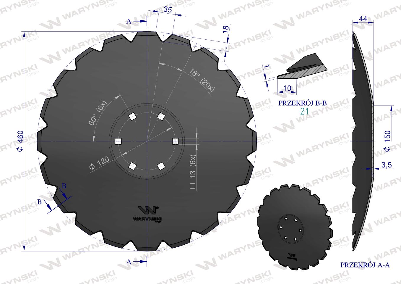 Talerz, uzębiony Z-20 fi 460 mocowanie 6/120 grubość 3,5 mm stal borowa prosta piasta, Tolmet, Waryński