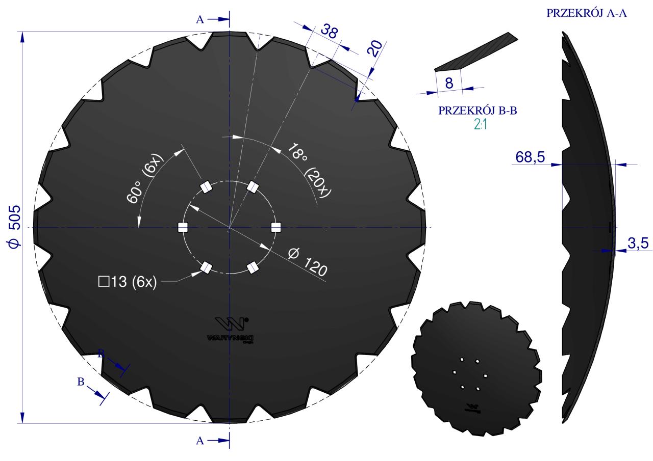 Talerz uzębiony Z-20 fi 510 mocowanie 6/120 grubość 3.5 stal borowa WARYŃSKI R
