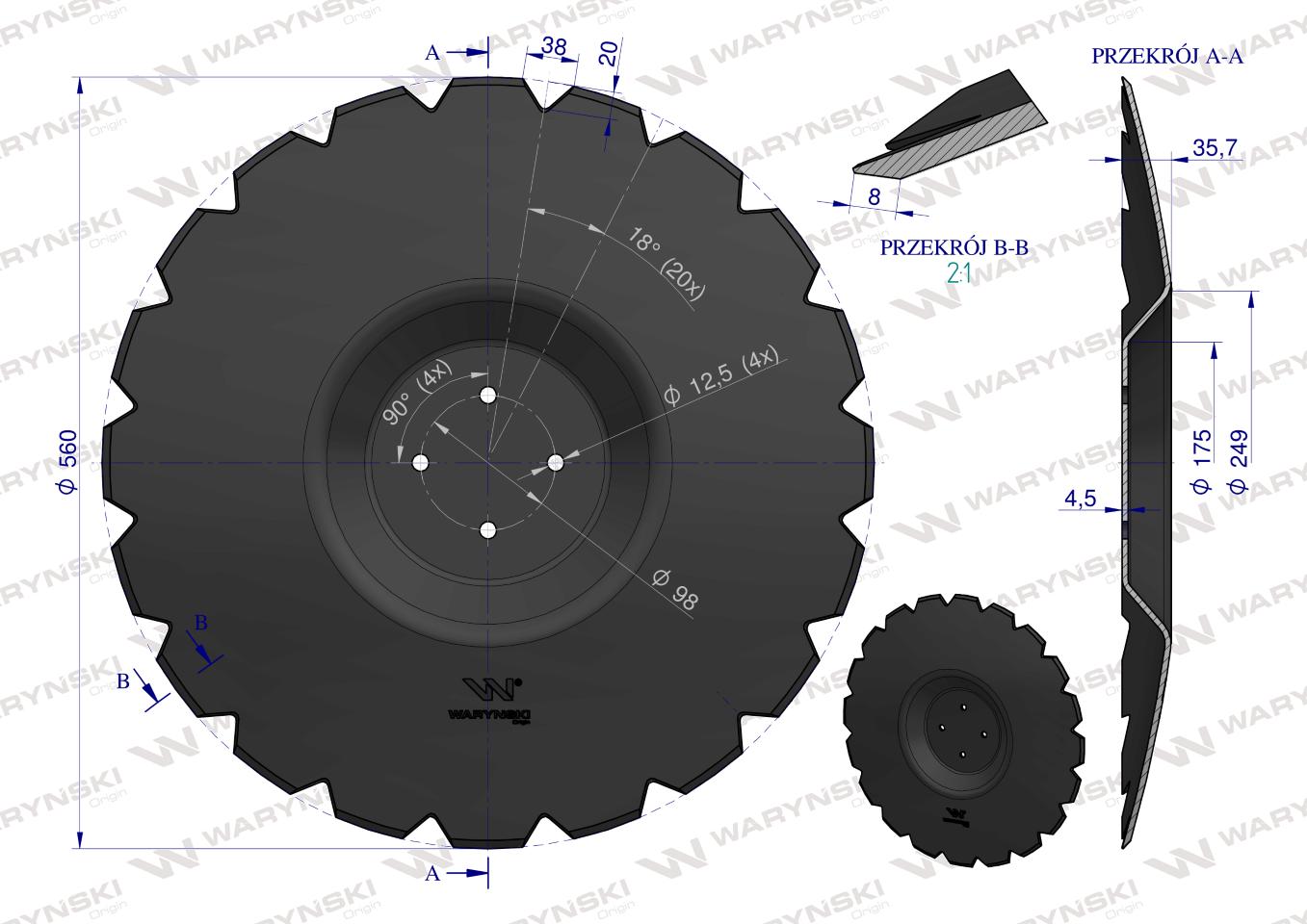 Talerz uzębiony Z-20 fi 560 mocowanie 4/98 grubość 4.5 mm przetłoczony stal borowa WARYŃSKI R