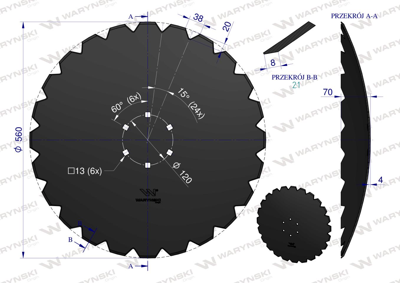 Talerz uzębiony Z-24 fi 560 mocowanie 6/120 grubość 4 mm stal borowa WARYŃSKI R