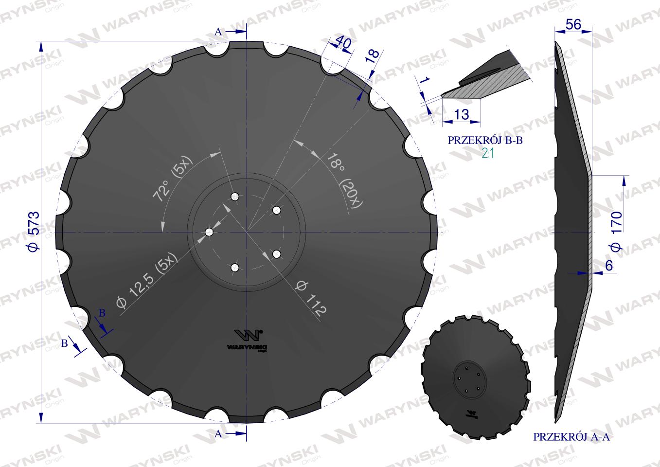 Talerz uzębiony Z-20 fi 573, mocowanie 5 / 112mm grubość 6mm, zastosowanie Kverneland RF2931797, Waryński