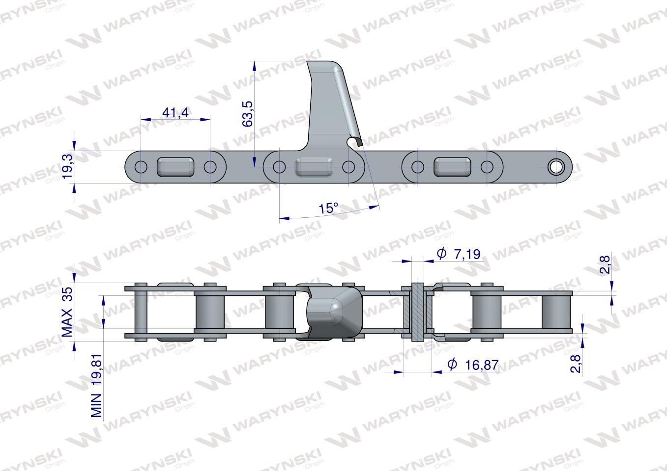 Łańcuch obrywacza kolb przystawki do kukurydzy zamknięty 57 ogniw CA550 x 57LS zastosowanie Laverda WARYŃSKI