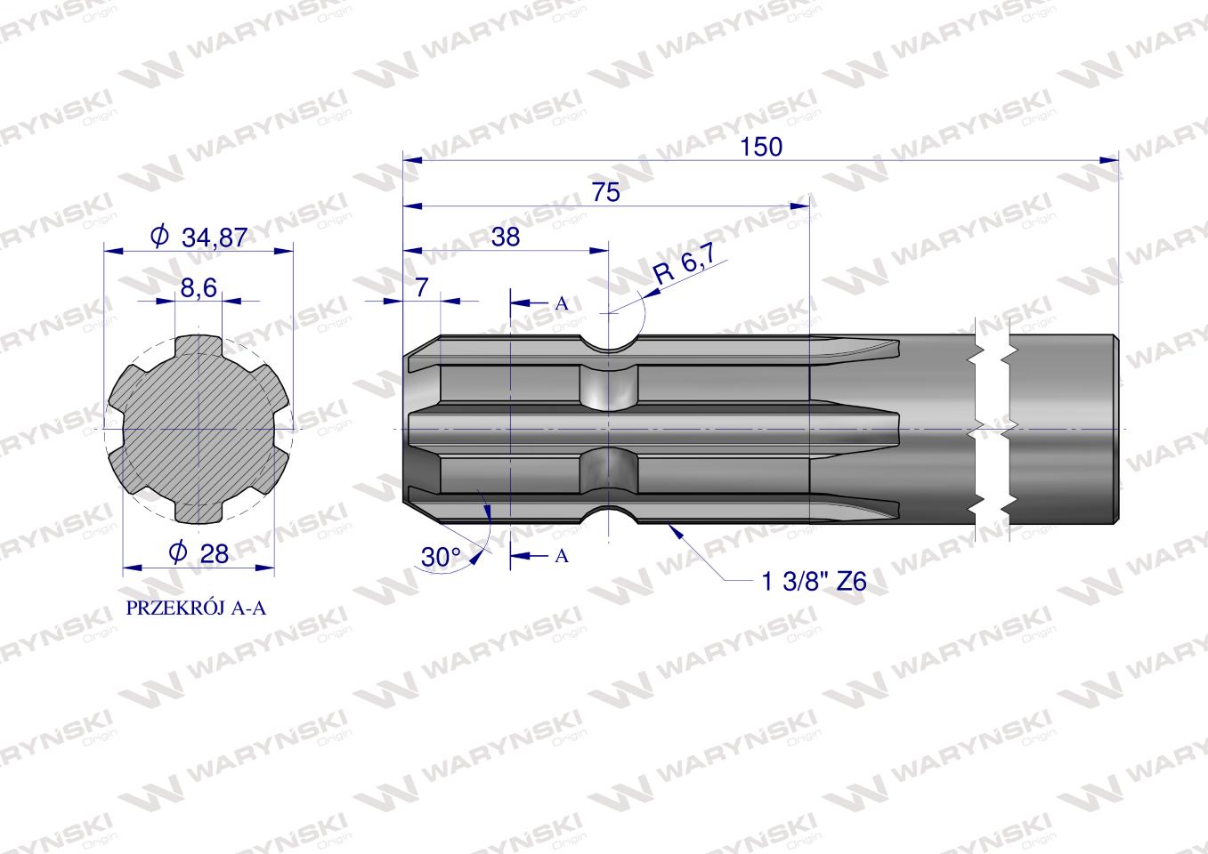 Wałek, WOM frezowany jednostronnie 150mm Z6 - 1 3/8, Waryński