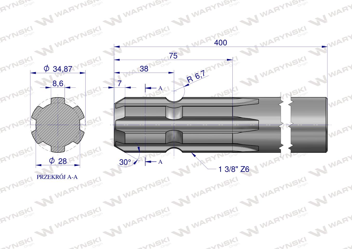 Wałek, WOM frezowany jednostronnie 400mm Z6 - 1 3/8, Waryński