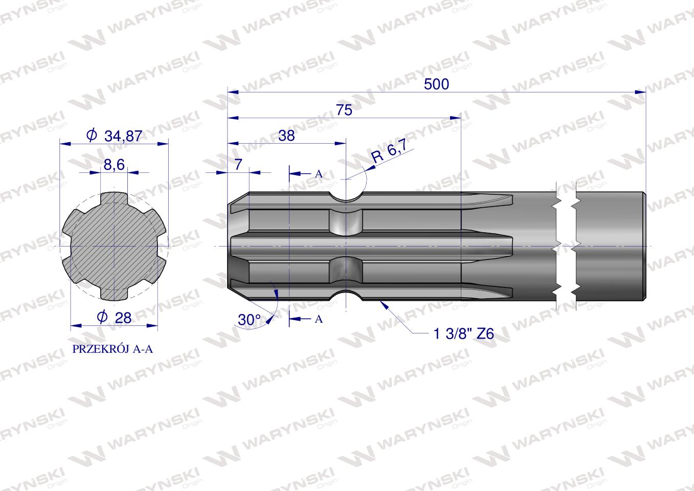 Wałek, WOM frezowany jednostronnie 500mm Z6 - 1 3/8, Waryński
