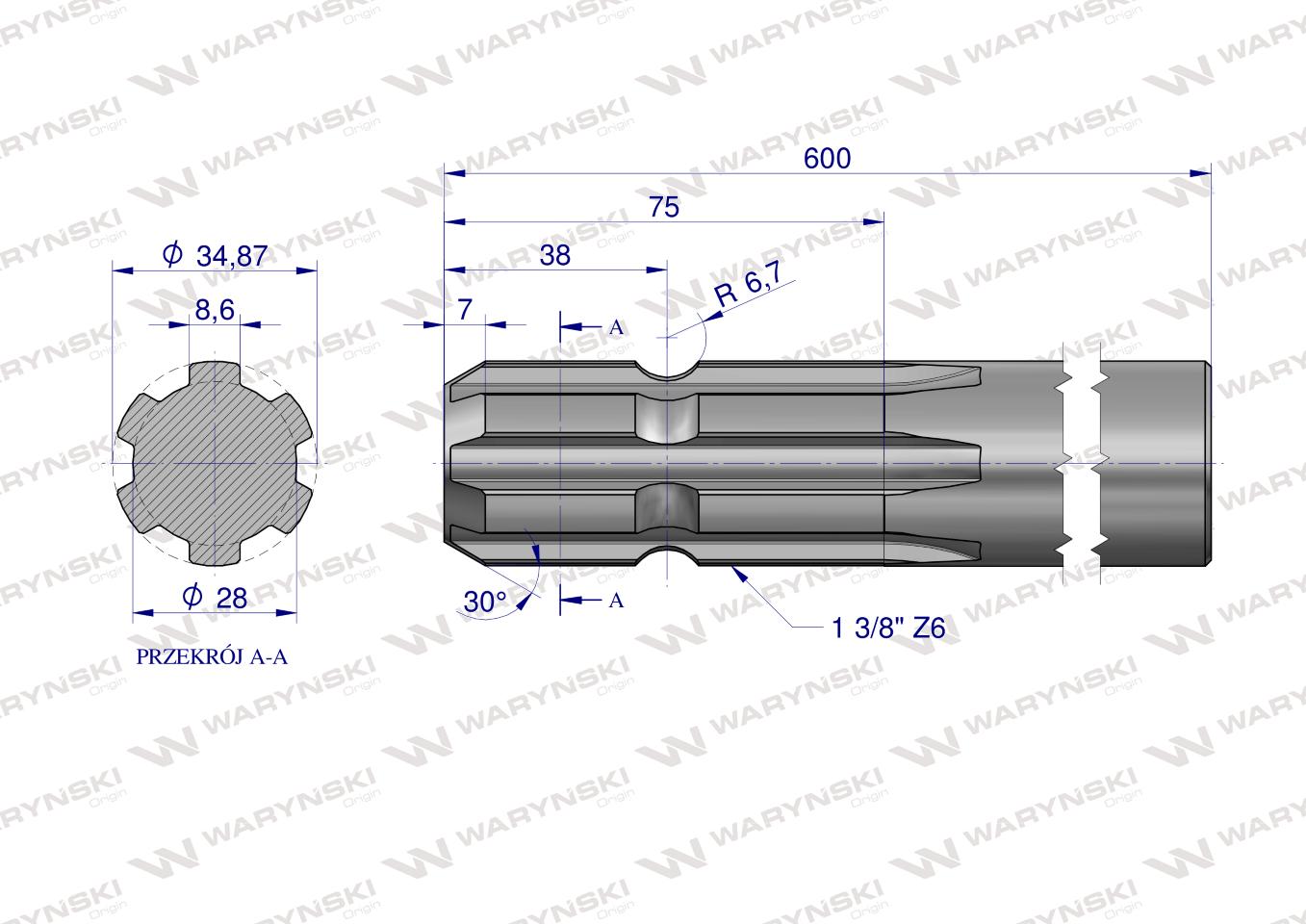 Wałek, WOM frezowany jednostronnie 600mm Z6 - 1 3/8, Waryński