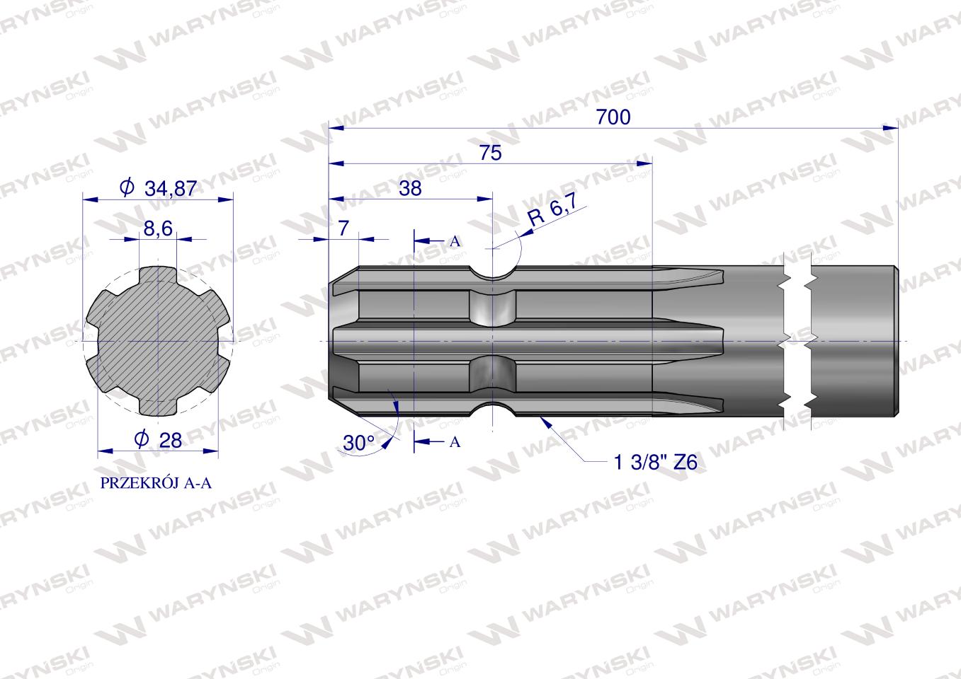 Wałek, WOM frezowany jednostronnie 700mm Z6 - 1 3/8, Waryński