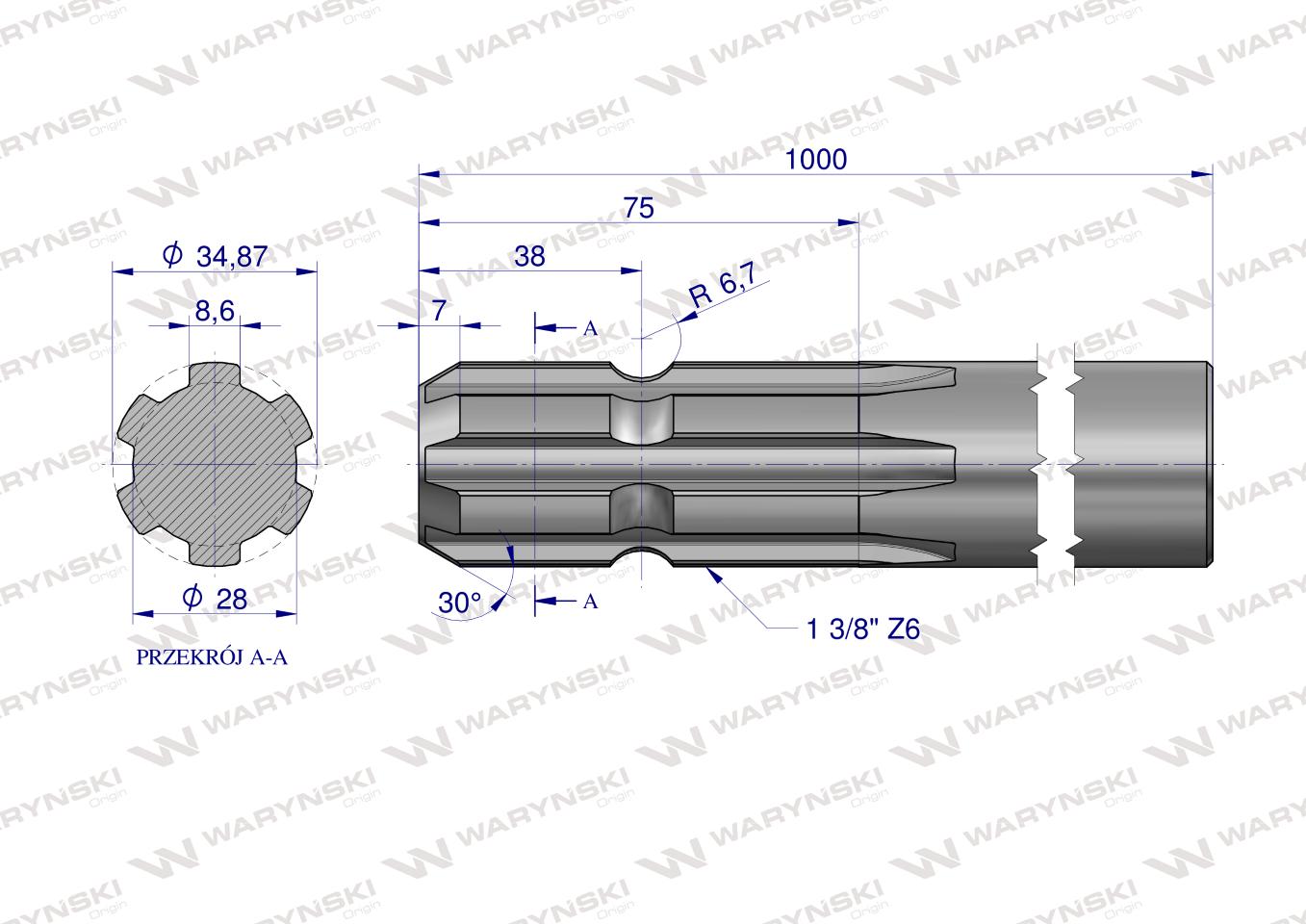 Wałek, WOM frezowany jednostronnie 1000mm Z6 - 1 3/8, Waryński