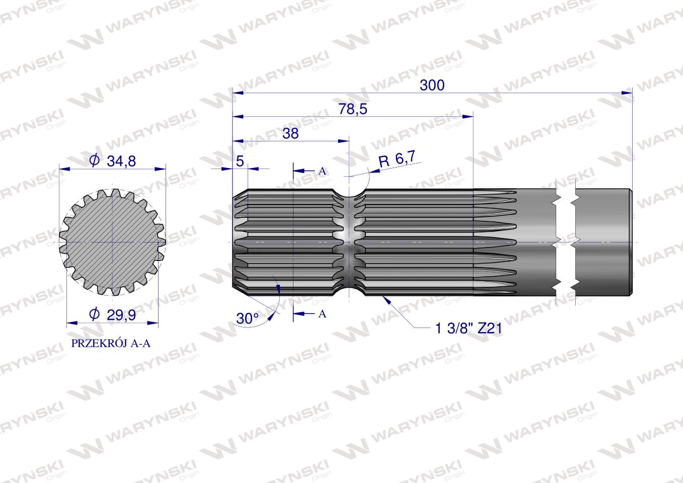 Wałek, WOM frezowany jednostronnie 300mm Z21 - 1 3/8, Waryński
