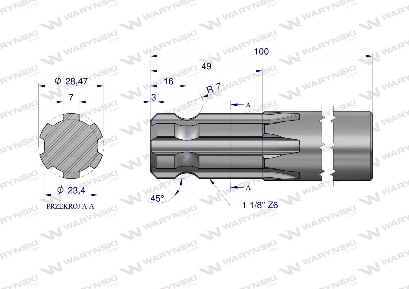 Wałek, WOM frezowany jednostronnie 100mm Z6 - 1 1/8, Waryński