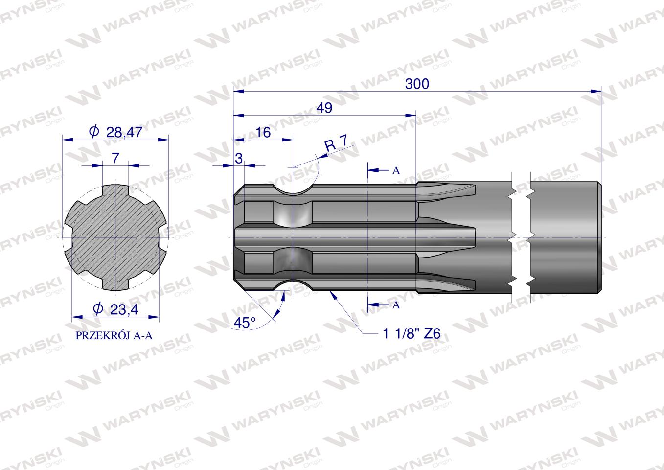 Wałek, WOM frezowany jednostronnie 300mm Z6 - 1 1/8, Waryński