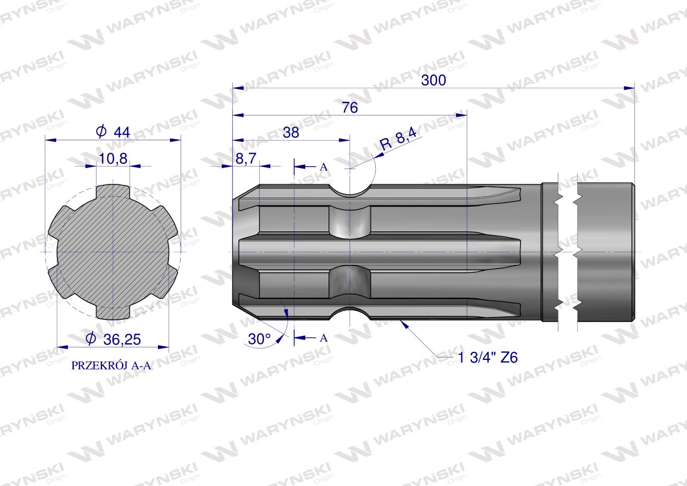 Wałek, WOM frezowany jednostronnie 300mm Z6 - 1 3/4, Waryński