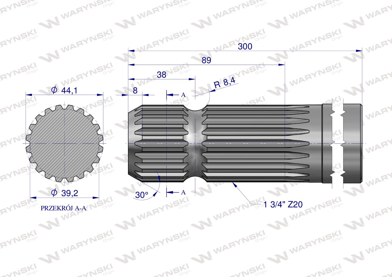 Wałek, WOM frezowany jednostronnie 300mm Z20 - 1 3/4, Waryński