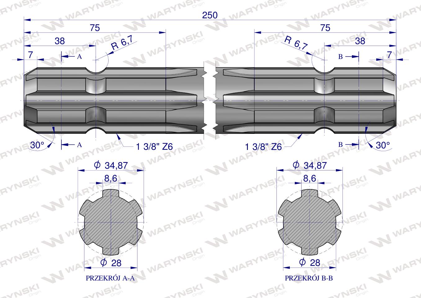 Wałek, WOM frezowany dwustronnie 250mm Z6 - 1 3/8, Waryński