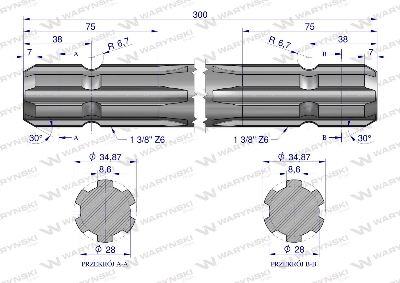 Wałek, WOM frezowany dwustronnie 300mm Z6 - 1 3/8, Waryński