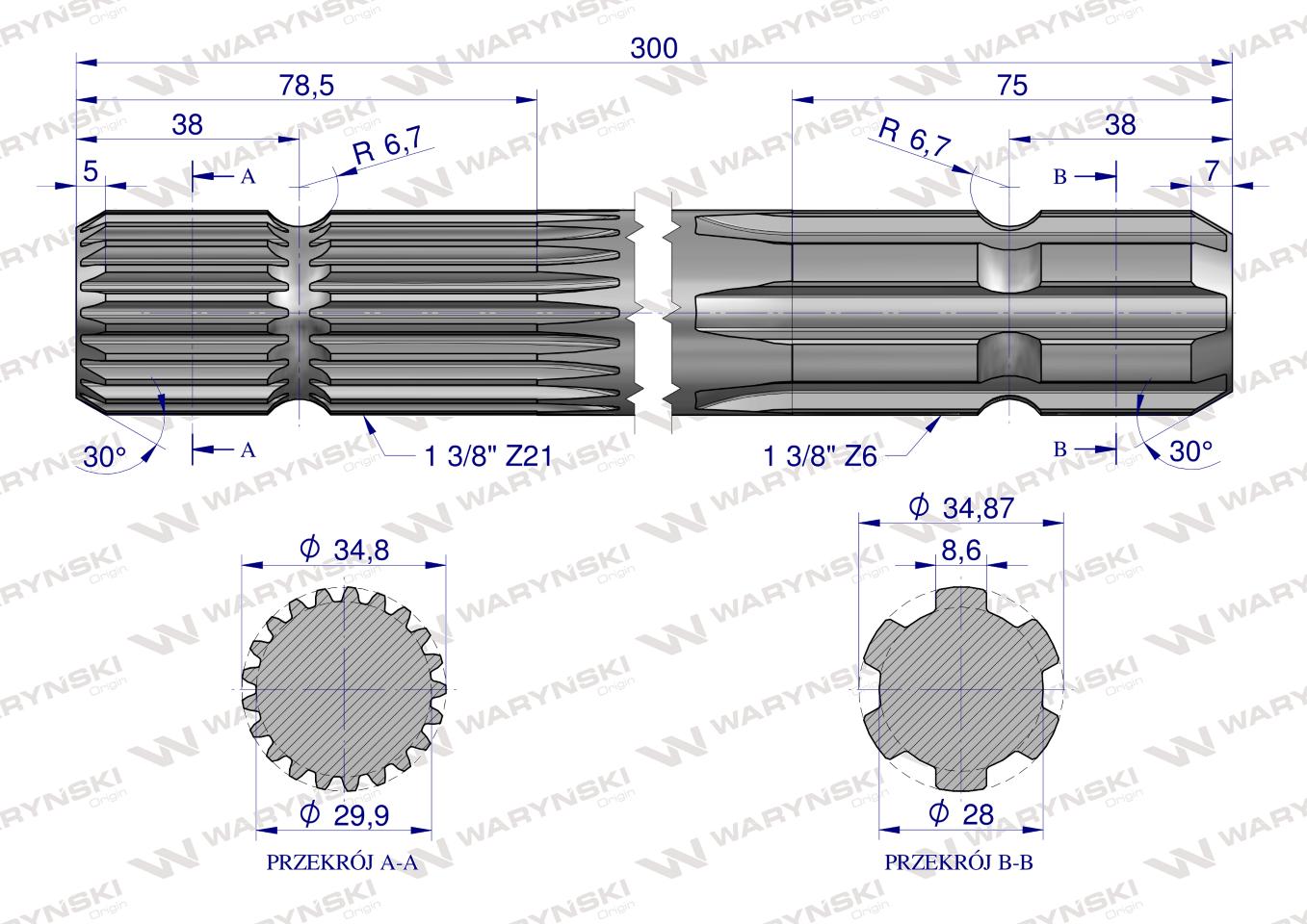 Wałek, WOM frezowany dwustronnie 300mm Z21 - 1 3/8 na Z6 - 1 3/8, Waryński