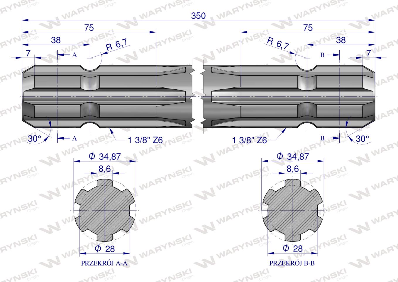 Wałek, WOM frezowany dwustronnie 350mm Z6 - 1 3/8, Waryński