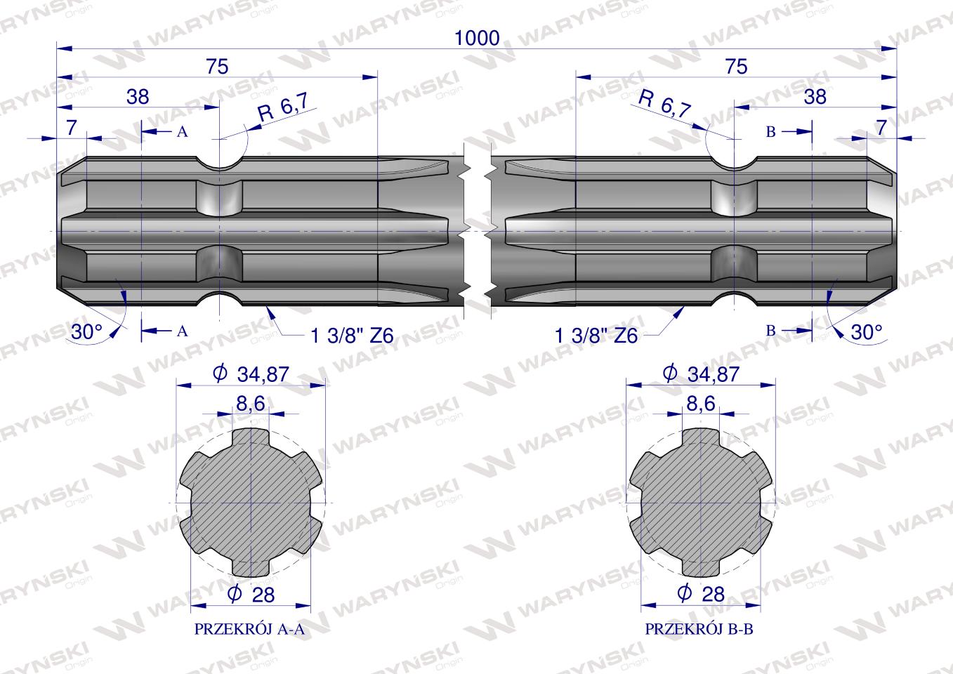 Wałek, WOM frezowany dwustronnie 1000mm Z6 - 1 3/8, Waryński