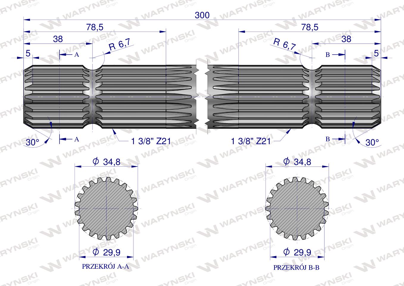 Wałek, WOM frezowany dwustronnie 300mm Z21 - 1 3/8, Waryński
