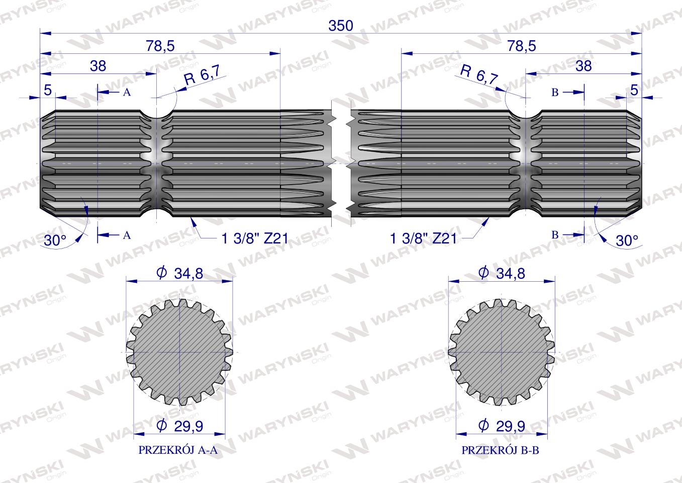 Wałek, WOM frezowany dwustronnie 350mm Z21 - 1 3/8, Waryński