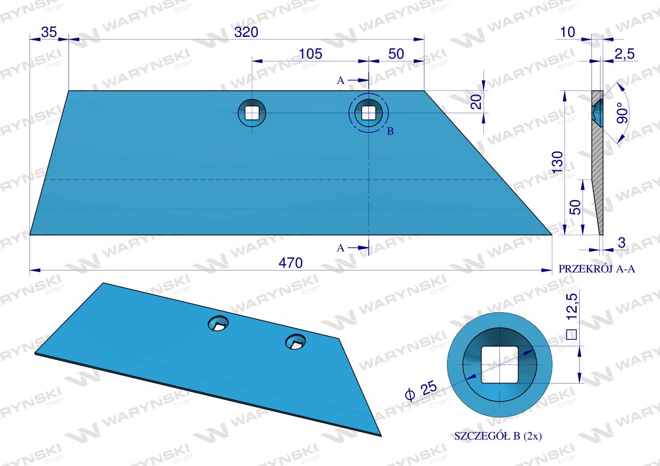 Lemiesz prawy 16" zastosowanie WG 100 B R Lemken Pług stal borowa WARYŃSKI