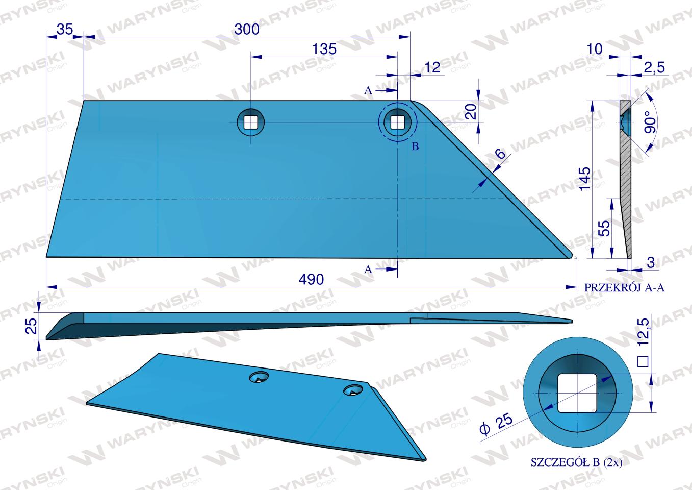 Lemiesz prawy 18" zastosowanie SB 45 RE Lemken Pług stal borowa WARYŃSKI