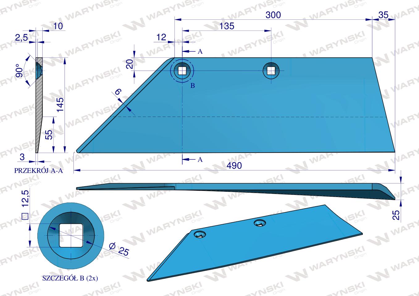 Lemiesz lewy 18" zastosowanie SB 45 LI Lemken Pług stal borowa WARYŃSKI