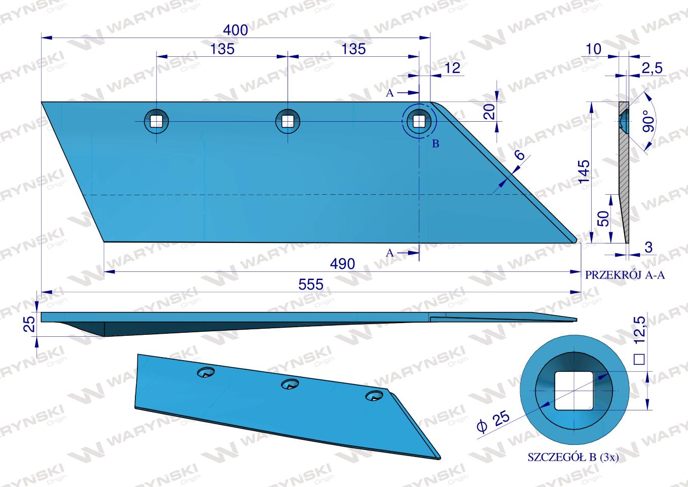 Lemiesz prawy 20" zastosowanie SB 56 RE Lemken Pług stal borowa WARYŃSKI