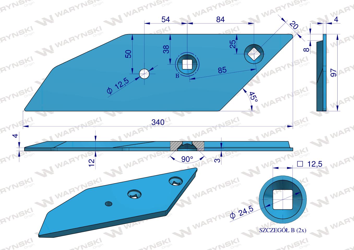 Dłuto, nakładka lemiesza prawa zastosowanie Lemken Pług stal borowa WARYŃSKI