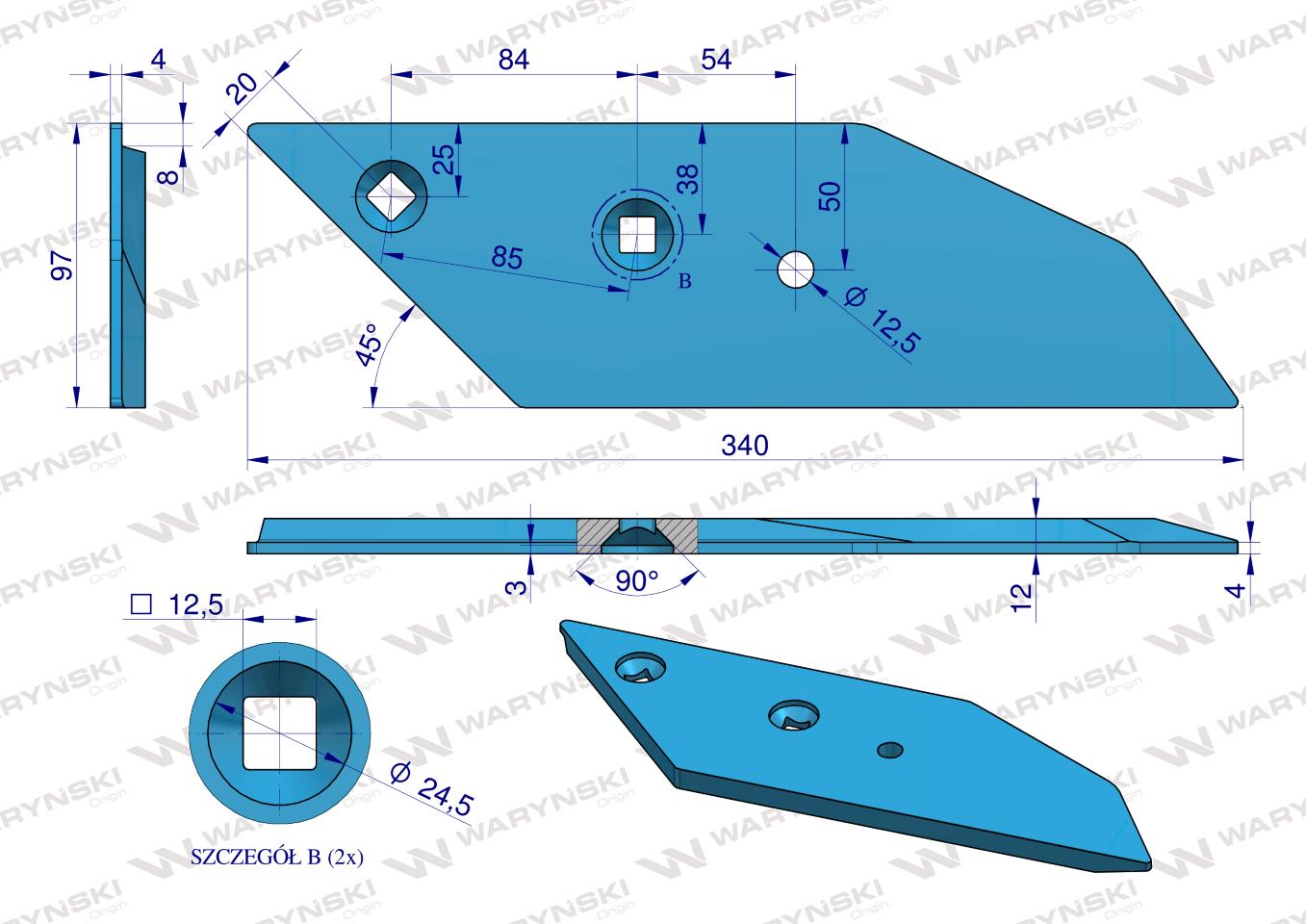 Dłuto, nakładka lemiesza lewa zastosowanie Lemken Pług stal borowa  WARYŃSKI